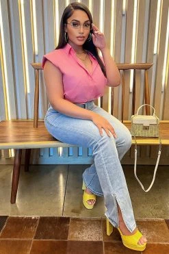 Fashion Nova Straight Leg Jeans Killing 'Em Softly Side Split Jean - Light Blue Wash