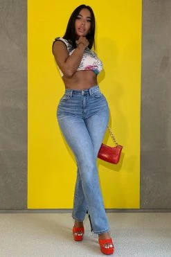 Fashion Nova Straight Leg Jeans Killing 'Em Softly Side Split Jean - Light Blue Wash