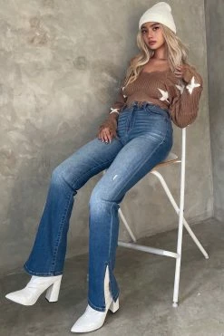 Fashion Nova Straight Leg Jeans Killing 'Em Softly Side Split Jean - Medium Blue Wash