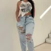 Fashion Nova Lakewood Loose Ripped Mom Jeans - Light Blue Wash