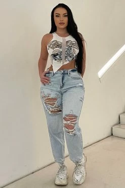 Fashion Nova Lakewood Loose Ripped Mom Jeans - Light Blue Wash