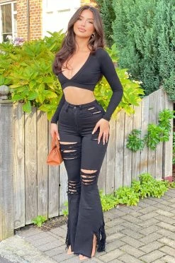 Fashion Nova Flare Jeans Let Your Flare Down Distressed Jeans - Black
