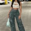 Fashion Nova Wide Leg Jeans Lily High Rise Cargo Jeans - Green