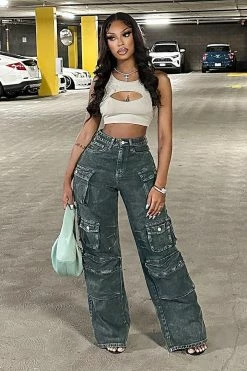 Fashion Nova Wide Leg Jeans Lily High Rise Cargo Jeans - Green