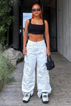 Fashion Nova Lily High Rise Cargo Jeans - White