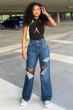 Fashion Nova Baggy Jeans Make It Edgy Ripped Boyfriend Jeans - Dark Wash