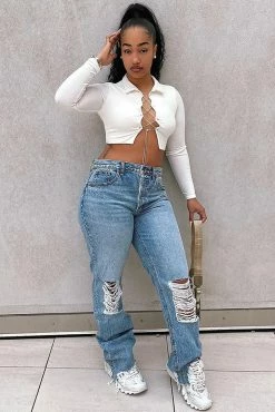 Fashion Nova Make The First Move Ripped Boyfriend Jeans - Medium Blue Wash
