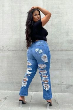Fashion Nova Boyfriend Jeans No Sensor Distressed Denim Jeans - Medium Blue Wash