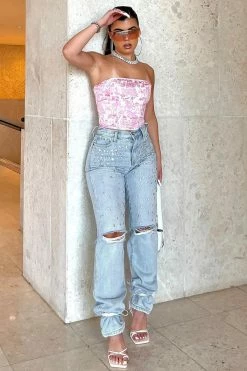 Fashion Nova Razzle Dazzle Embellished Straight Leg Jeans - Light Blue Wash