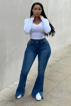 Fashion Nova Rising Star High Rise Slit Flare Jeans - Medium Wash