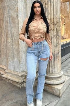 Fashion Nova Straight Leg Jeans Savannah Split Hem Stretch Jeans - Light Blue Wash