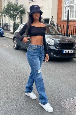 Fashion Nova We Belong Together Distressed Nova Denim Boyfriend Jeans - Medium Blue Wash Straight Leg Jeans